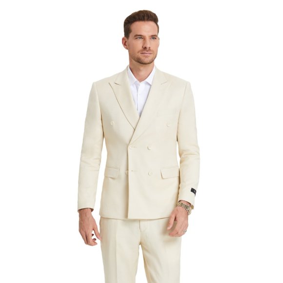 Linen Double Breasted 2pc Mens Suit, Tan - Picture 1 of 5